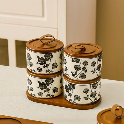 Airtight Ceramic Spice Jar Set with Wooden Tray and Spoons
