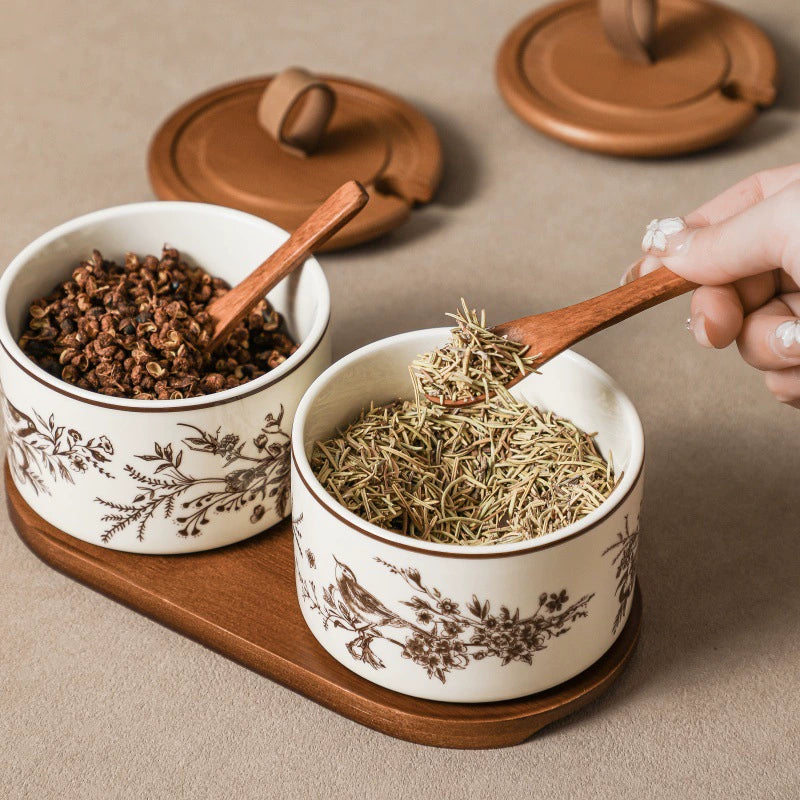 French Floral Bird Ceramic Seasoning Jar Set with Wooden Tray