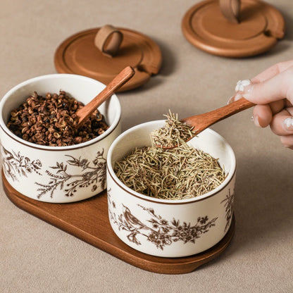 French Floral Bird Ceramic Seasoning Jar Set with Wooden Tray