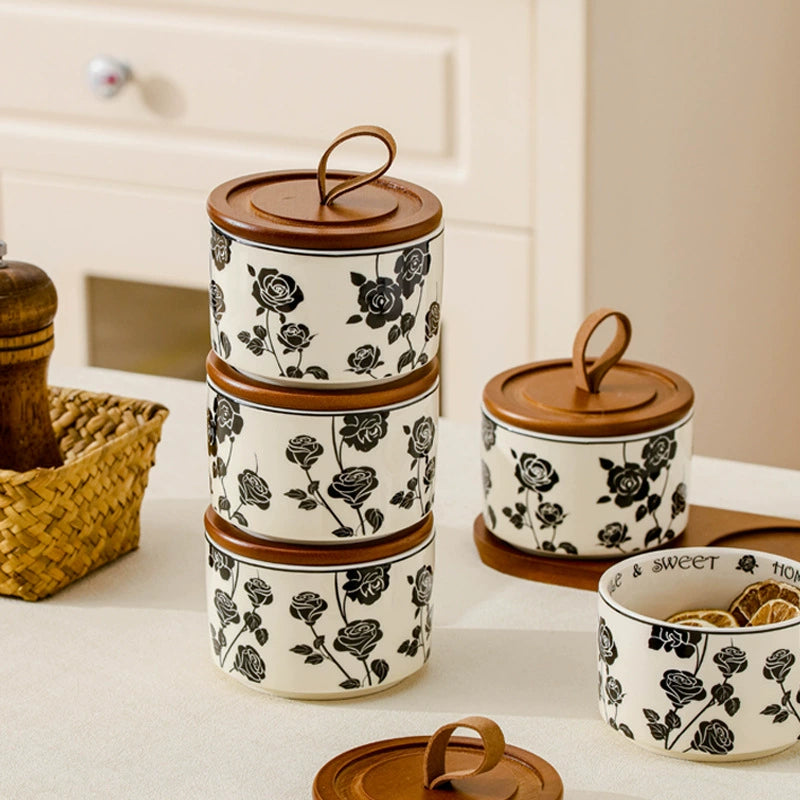 Airtight Ceramic Spice Jar Set with Wooden Tray and Spoons