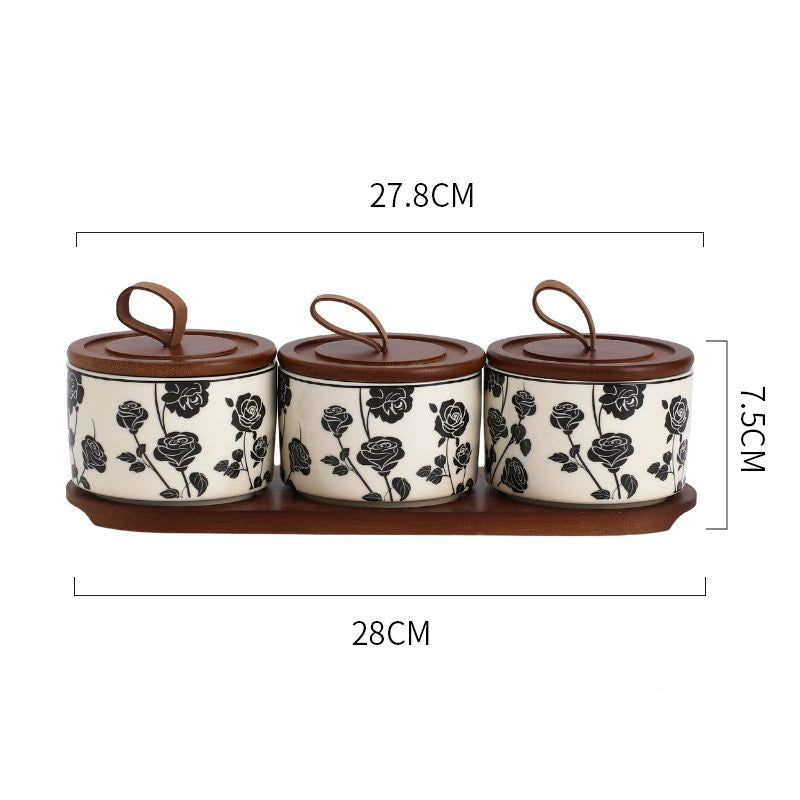 Airtight Ceramic Spice Jar Set with Wooden Tray and Spoons