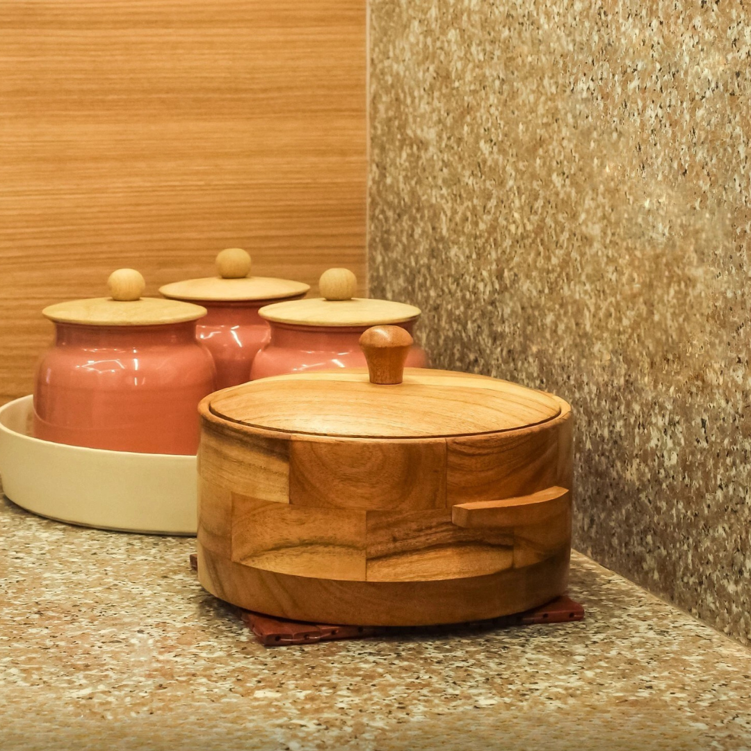 Handcrafted Wooden Chapati Casserole Box with Dual Handle and Lid