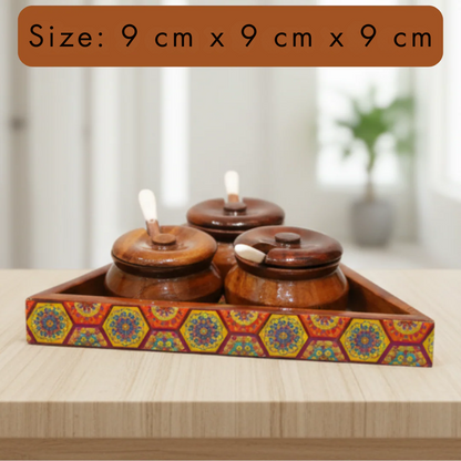Sheesham Wood Triangular Condiment Tray with Jars and Spoons Set