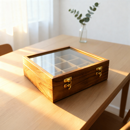 Premium Akasia Wood Glass Top Storage Boxes with Lid