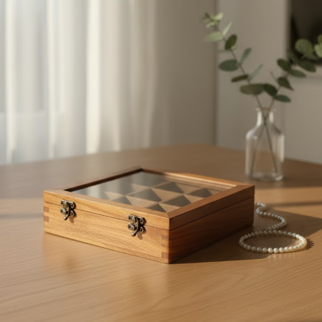 Premium Akasia Wood Glass Top Storage Boxes with Lid