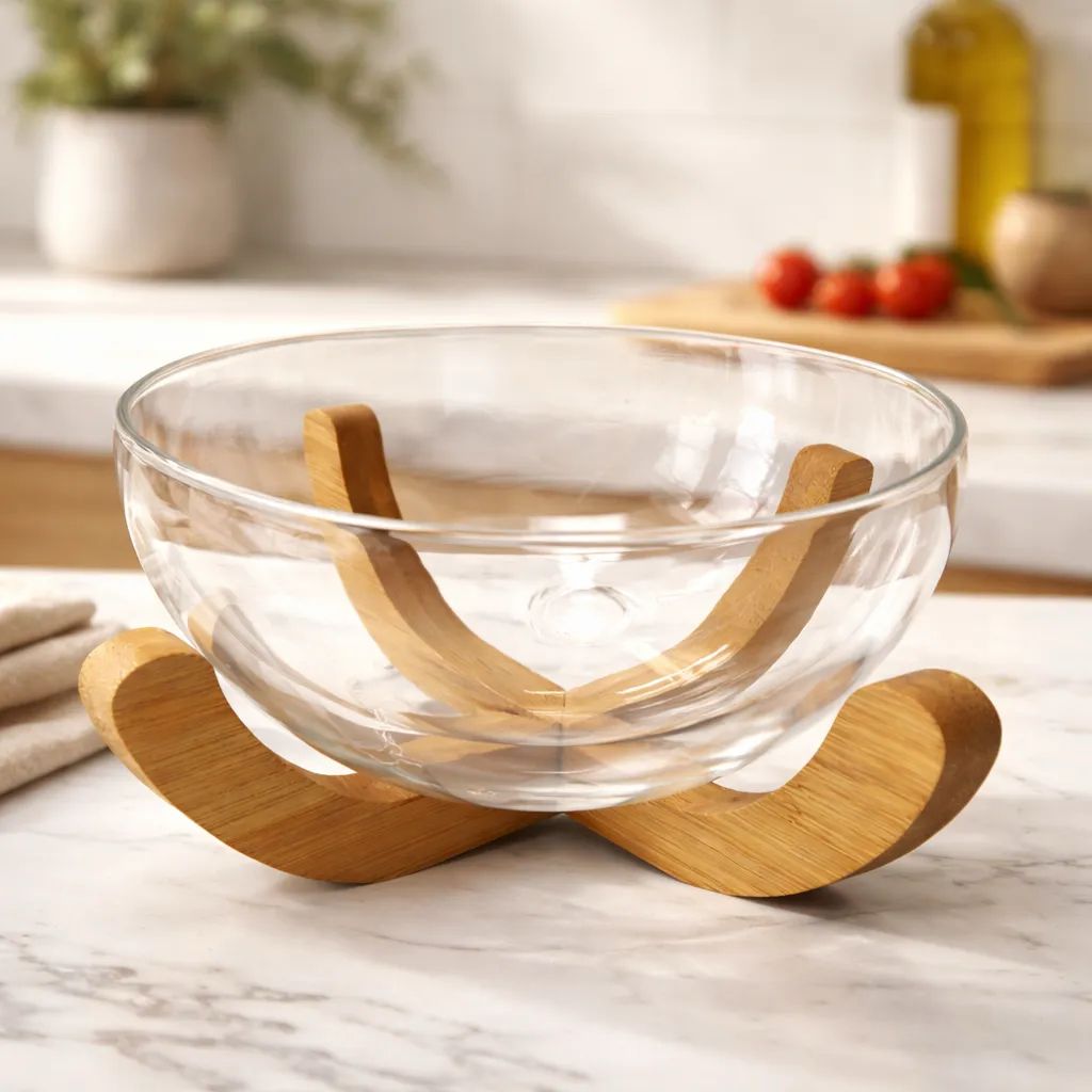 Premium Thickened Glass Salad Bowl with Bamboo Stand