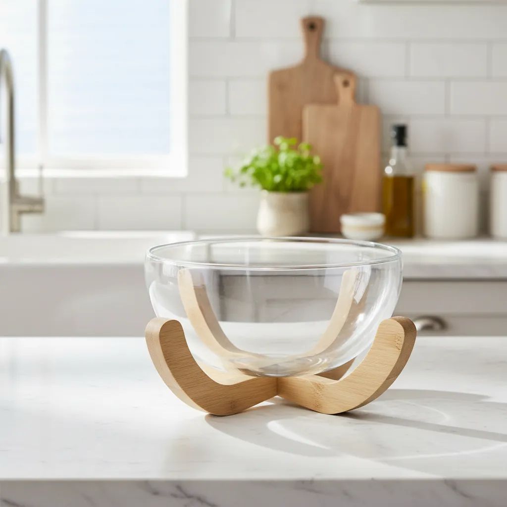 Premium Thickened Glass Salad Bowl with Bamboo Stand
