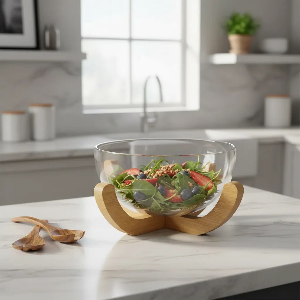 Premium Thickened Glass Salad Bowl with Bamboo Stand