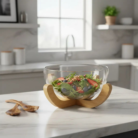 Premium Thickened Glass Salad Bowl with Bamboo Stand