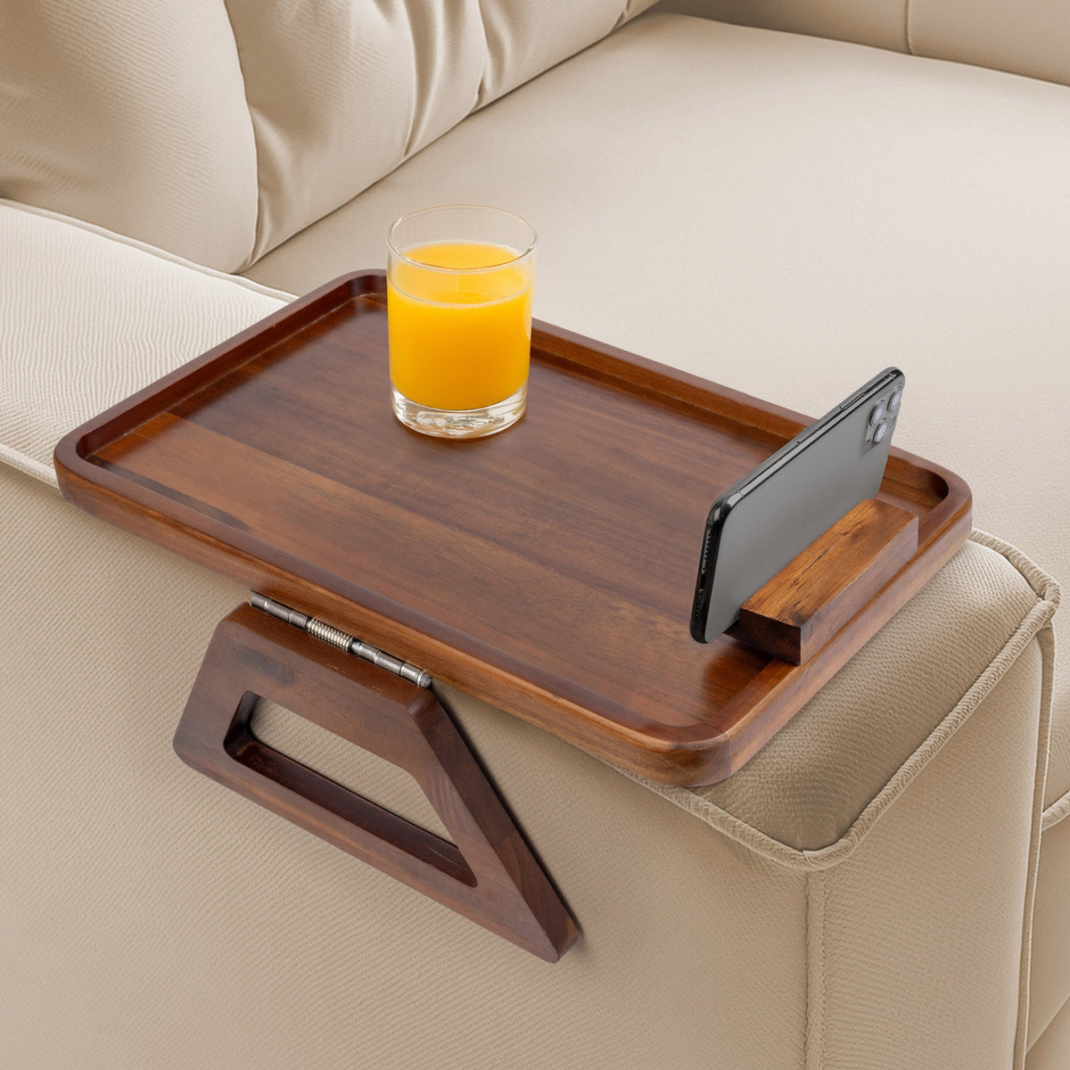 Bamboo Wood Sofa Arm Tray with Rotating Phone Holder