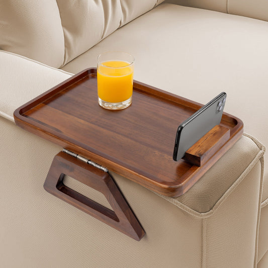 Bamboo Wood Sofa Arm Tray with Rotating Phone Holder