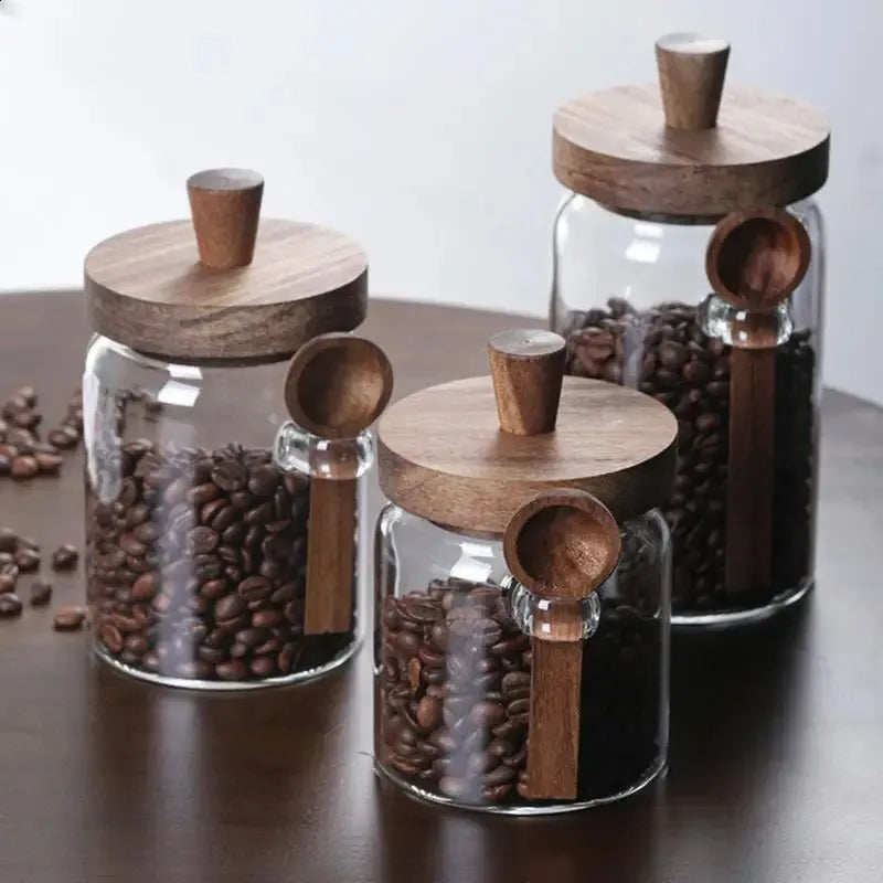 Airtight Glass Storage Jars with Wooden Lid & Spoon