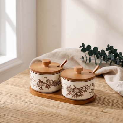 French Floral Bird Ceramic Seasoning Jar Set with Wooden Tray