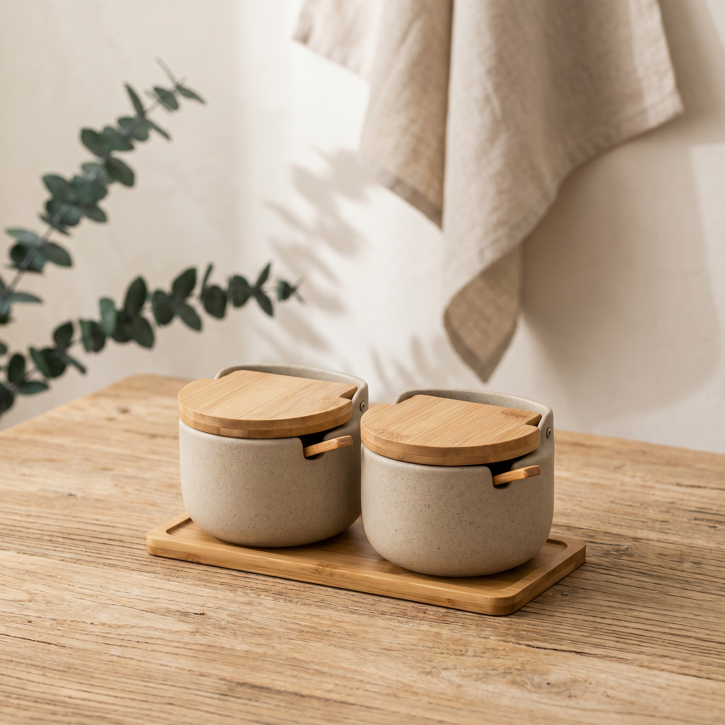 Elegant Japanese Ceramic Spice Jar Set with Bamboo Tray
