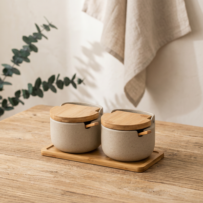 Elegant Japanese Ceramic Spice Jar Set with Bamboo Tray