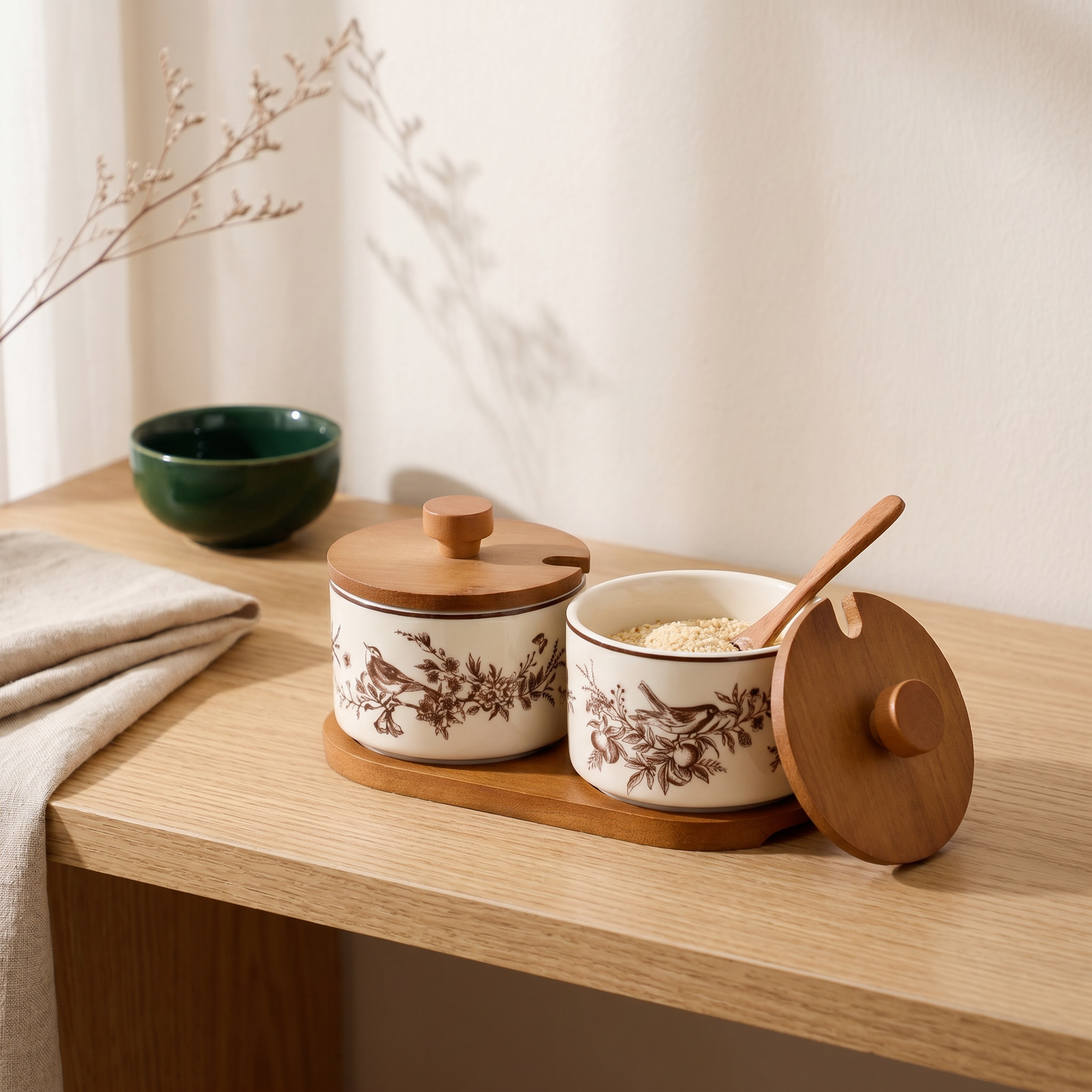French Floral Bird Ceramic Seasoning Jar Set with Wooden Tray