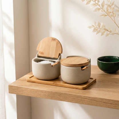 Elegant Japanese Ceramic Spice Jar Set with Bamboo Tray