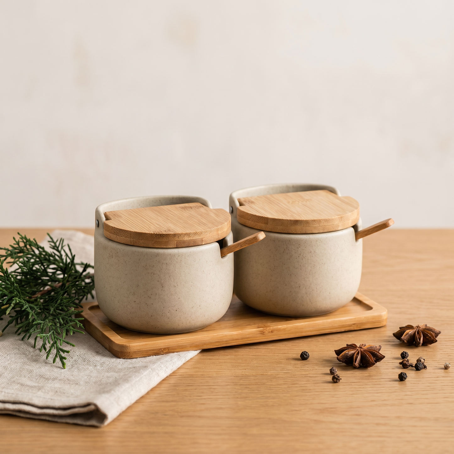 Elegant Japanese Ceramic Spice Jar Set with Bamboo Tray