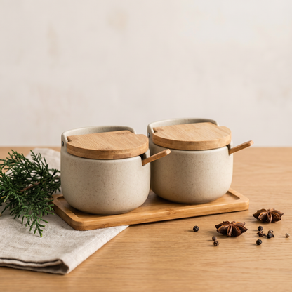 Elegant Japanese Ceramic Spice Jar Set with Bamboo Tray