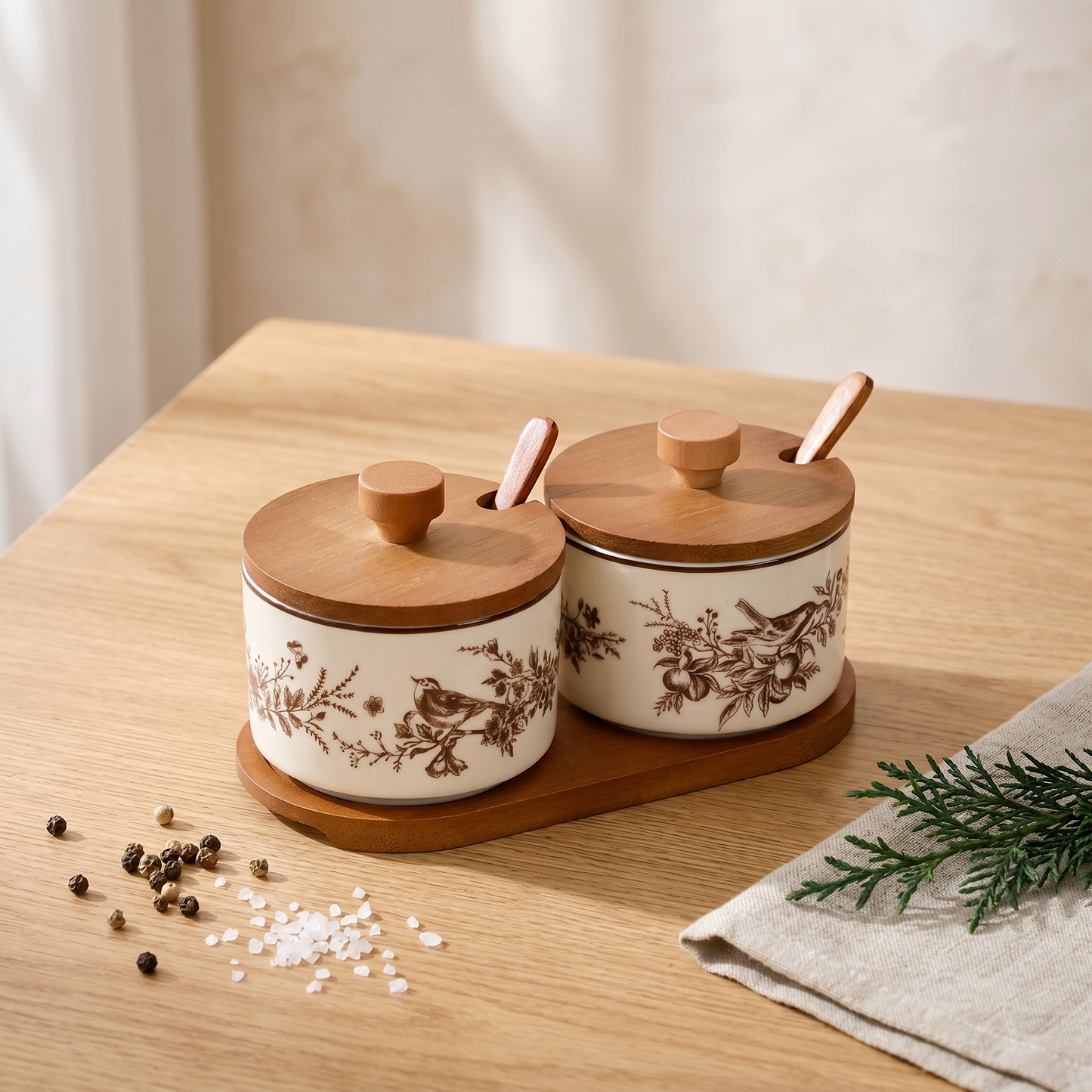 French Floral Bird Ceramic Seasoning Jar Set with Wooden Tray
