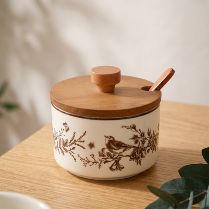 French Floral Bird Ceramic Seasoning Jar Set with Wooden Tray
