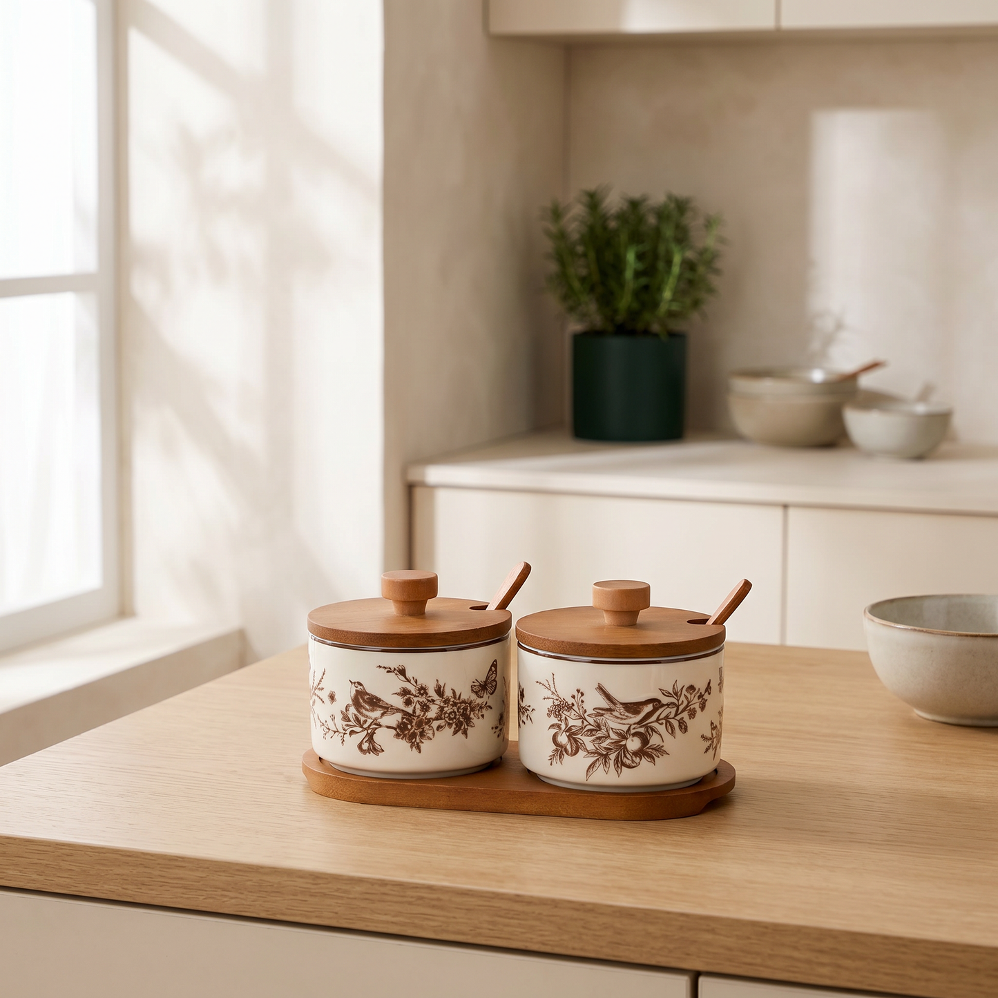 French Floral Bird Ceramic Seasoning Jar Set with Wooden Tray