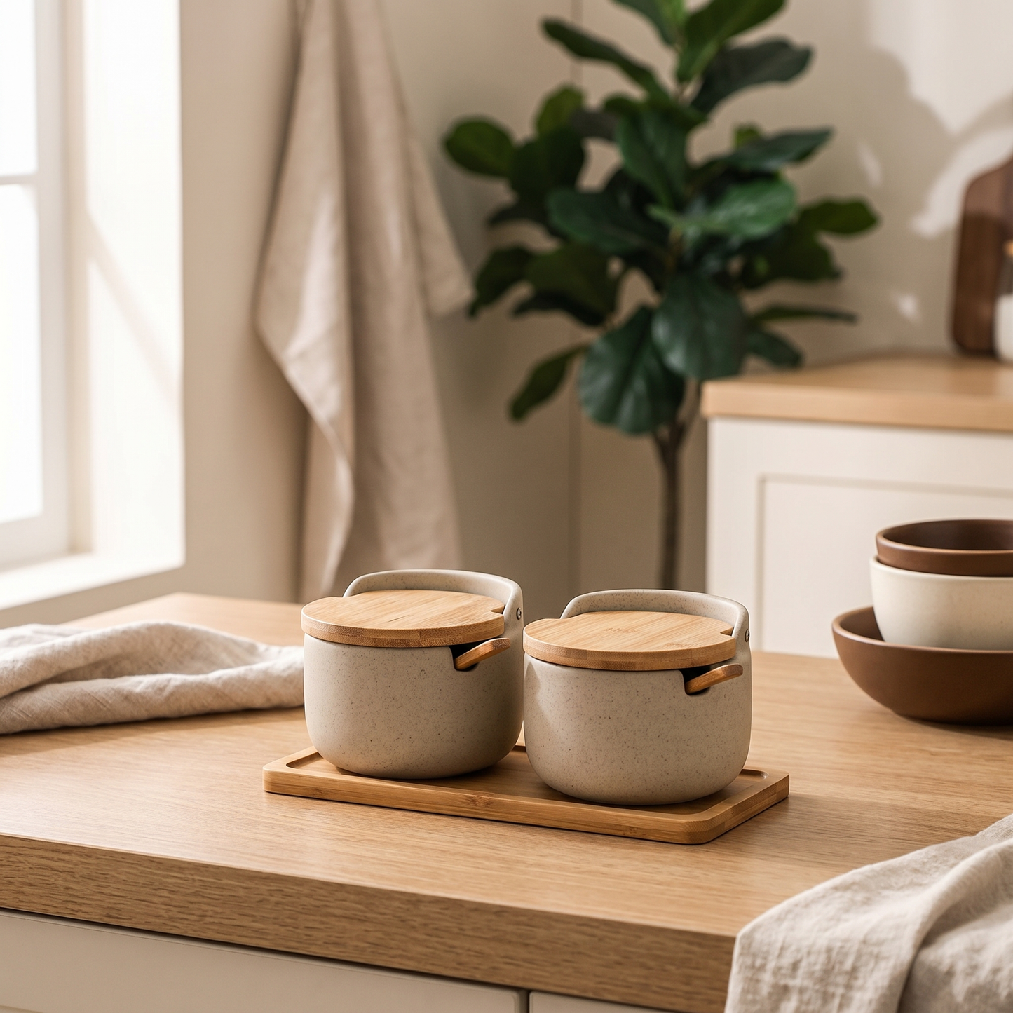 Elegant Japanese Ceramic Spice Jar Set with Bamboo Tray