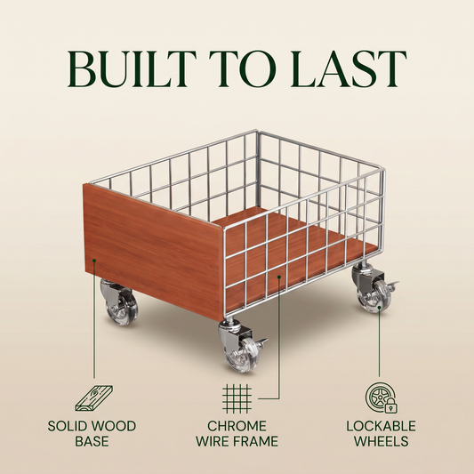 Vintage Solid Wood Rolling Metal Storage Cart with Lockable Wheels