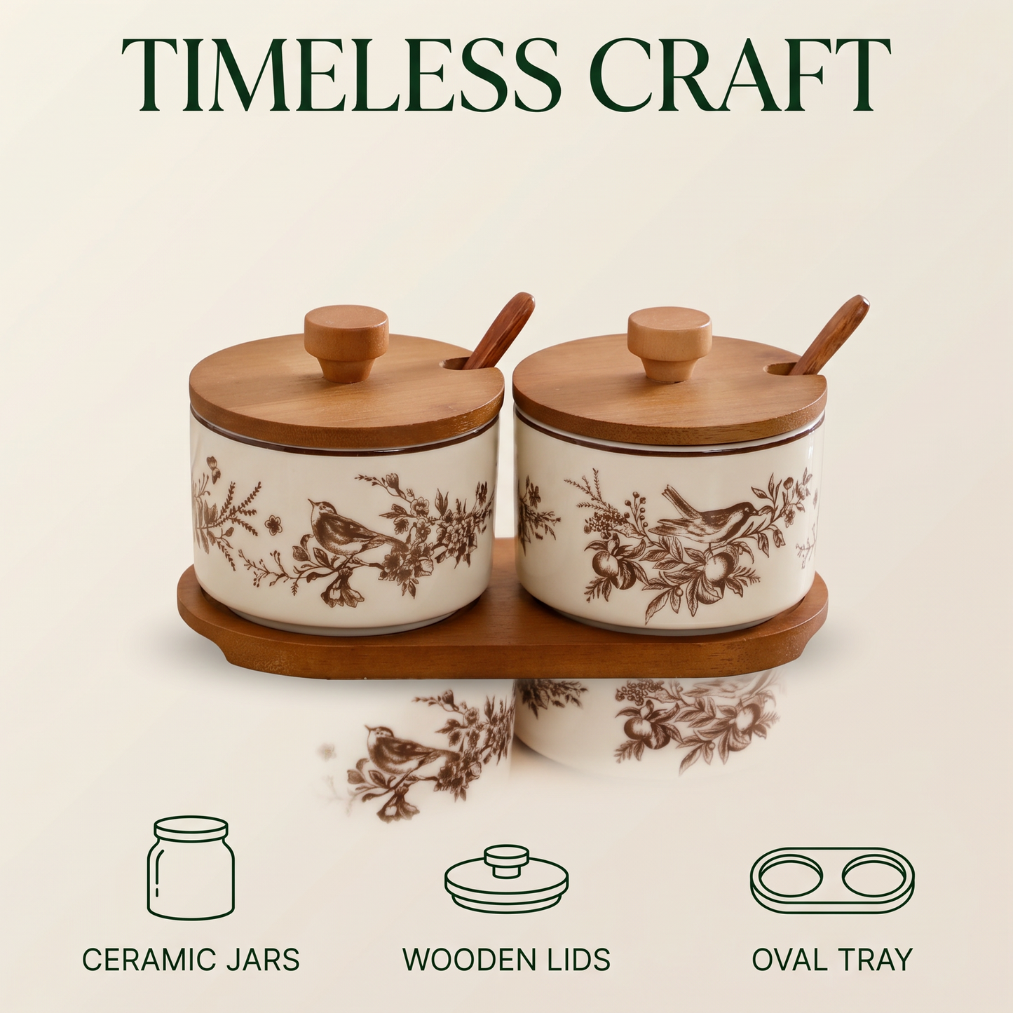 French Floral Bird Ceramic Seasoning Jar Set with Wooden Tray