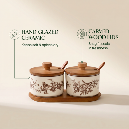 French Floral Bird Ceramic Seasoning Jar Set with Wooden Tray