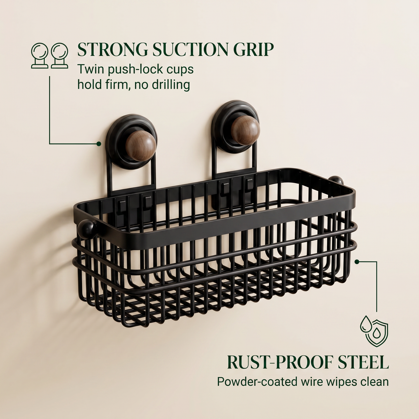 Multi Functional Wall Mounted Metal Storage Basket with Suction Cups