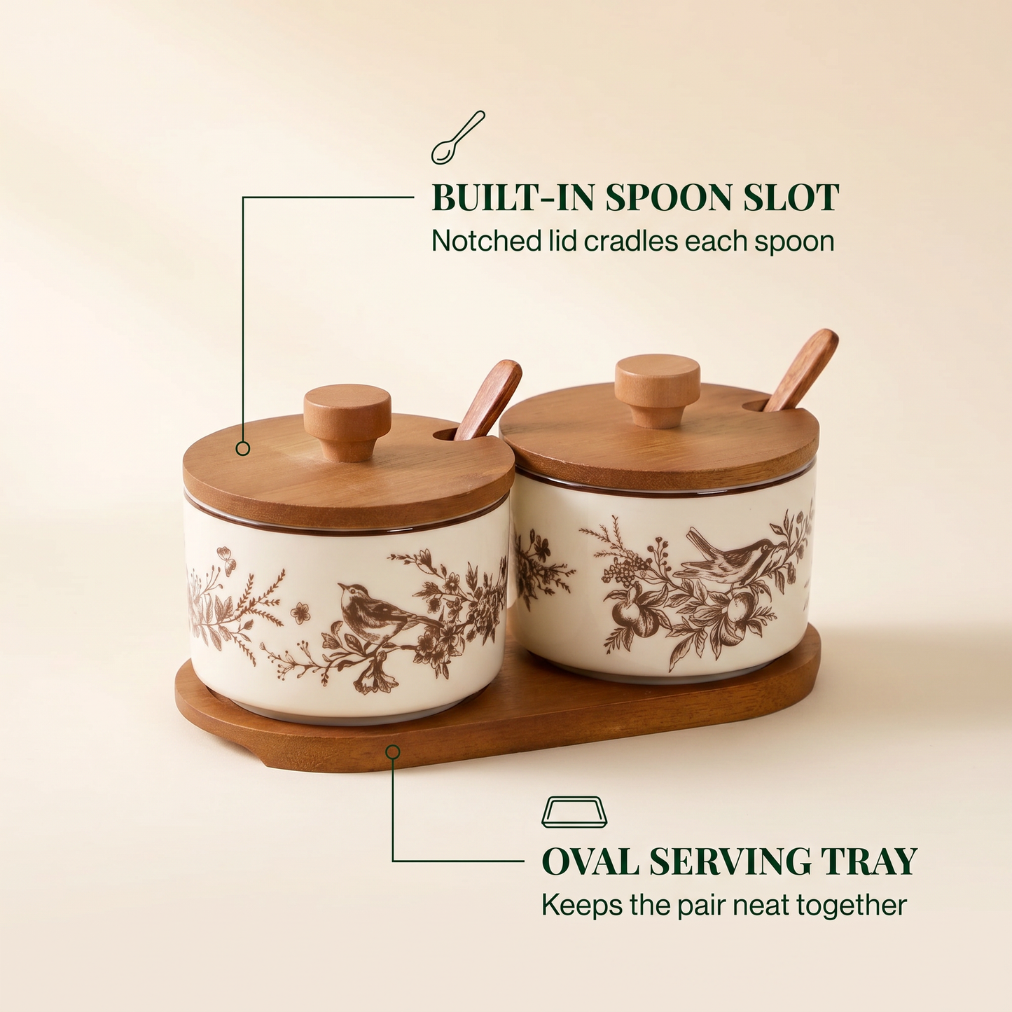 French Floral Bird Ceramic Seasoning Jar Set with Wooden Tray