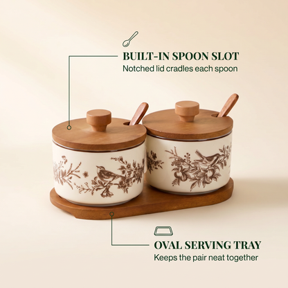French Floral Bird Ceramic Seasoning Jar Set with Wooden Tray