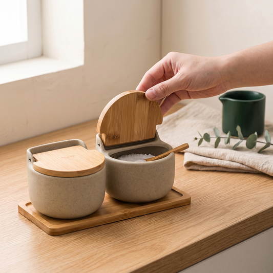 Elegant Japanese Ceramic Spice Jar Set with Bamboo Tray