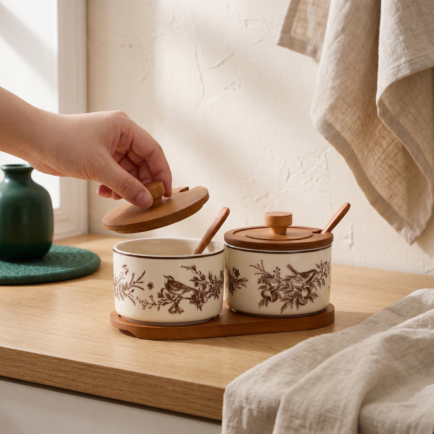 French Floral Bird Ceramic Seasoning Jar Set with Wooden Tray