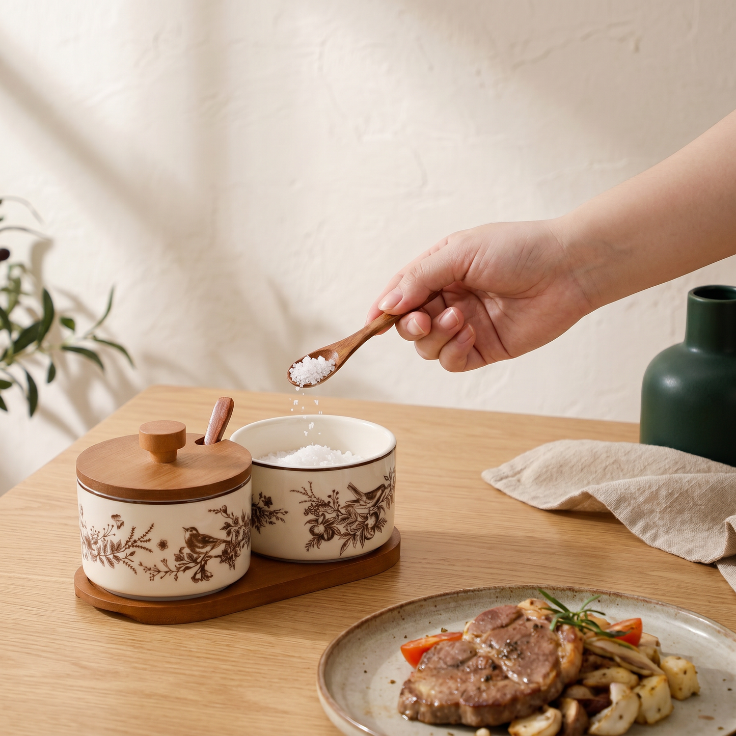 French Floral Bird Ceramic Seasoning Jar Set with Wooden Tray