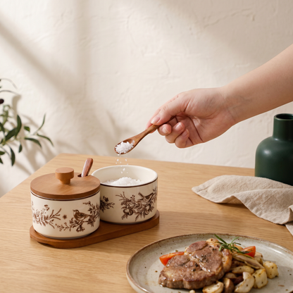 French Floral Bird Ceramic Seasoning Jar Set with Wooden Tray