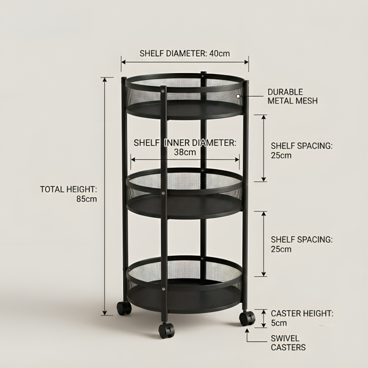 3 Tier Foldable Rolling Storage Trolley with Lockable Wheels