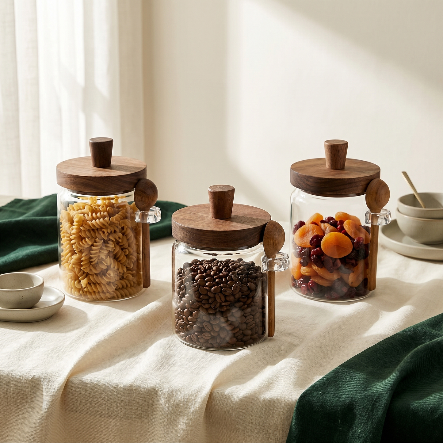 Airtight Glass Storage Jars with Wooden Lid & Spoon