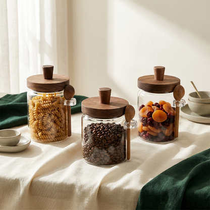 Airtight Glass Storage Jars with Wooden Lid & Spoon