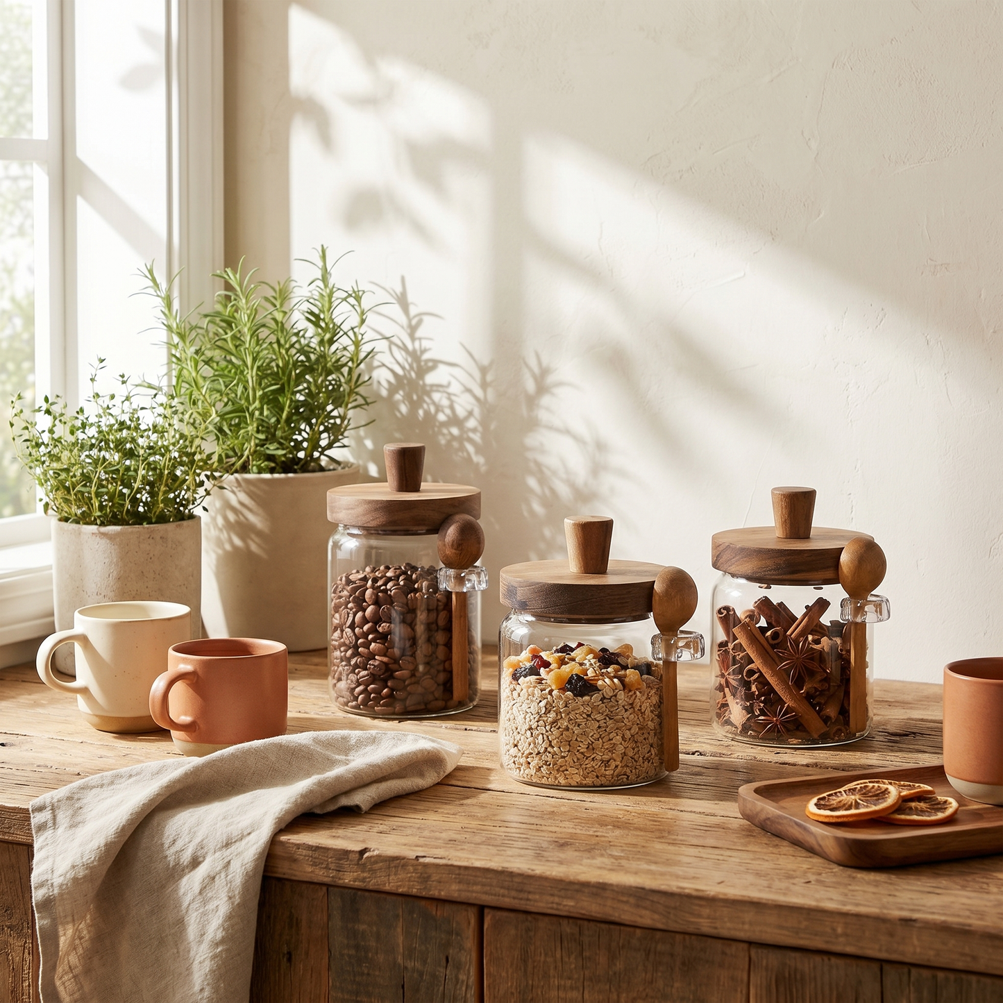 Airtight Glass Storage Jars with Wooden Lid & Spoon