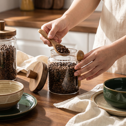 Airtight Glass Storage Jars with Wooden Lid & Spoon