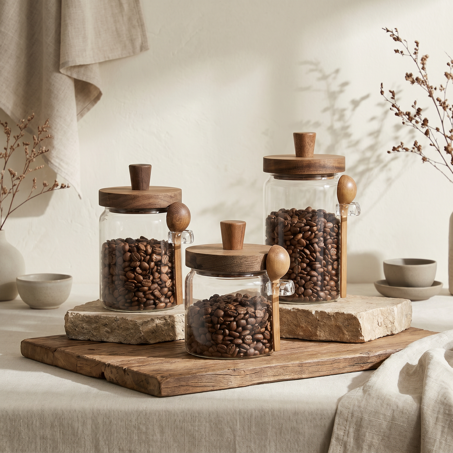 Airtight Glass Storage Jars with Wooden Lid & Spoon