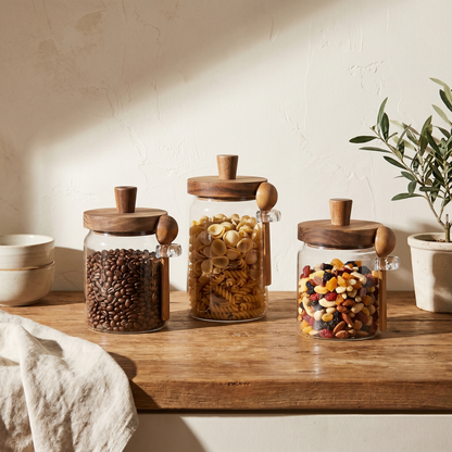 Airtight Glass Storage Jars with Wooden Lid & Spoon
