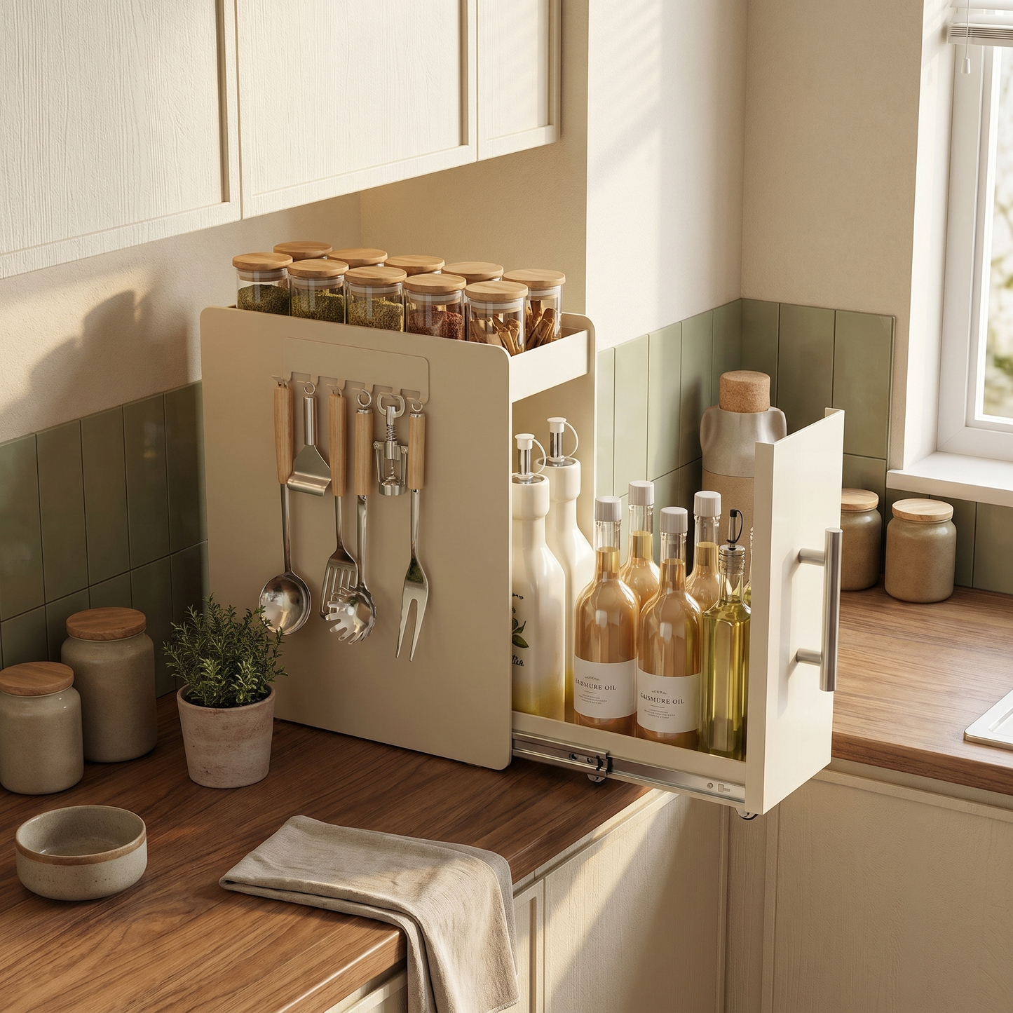 Pull Out Carbon Steel Space Saving Kitchen Storage Organizer with Magnetic Accessories