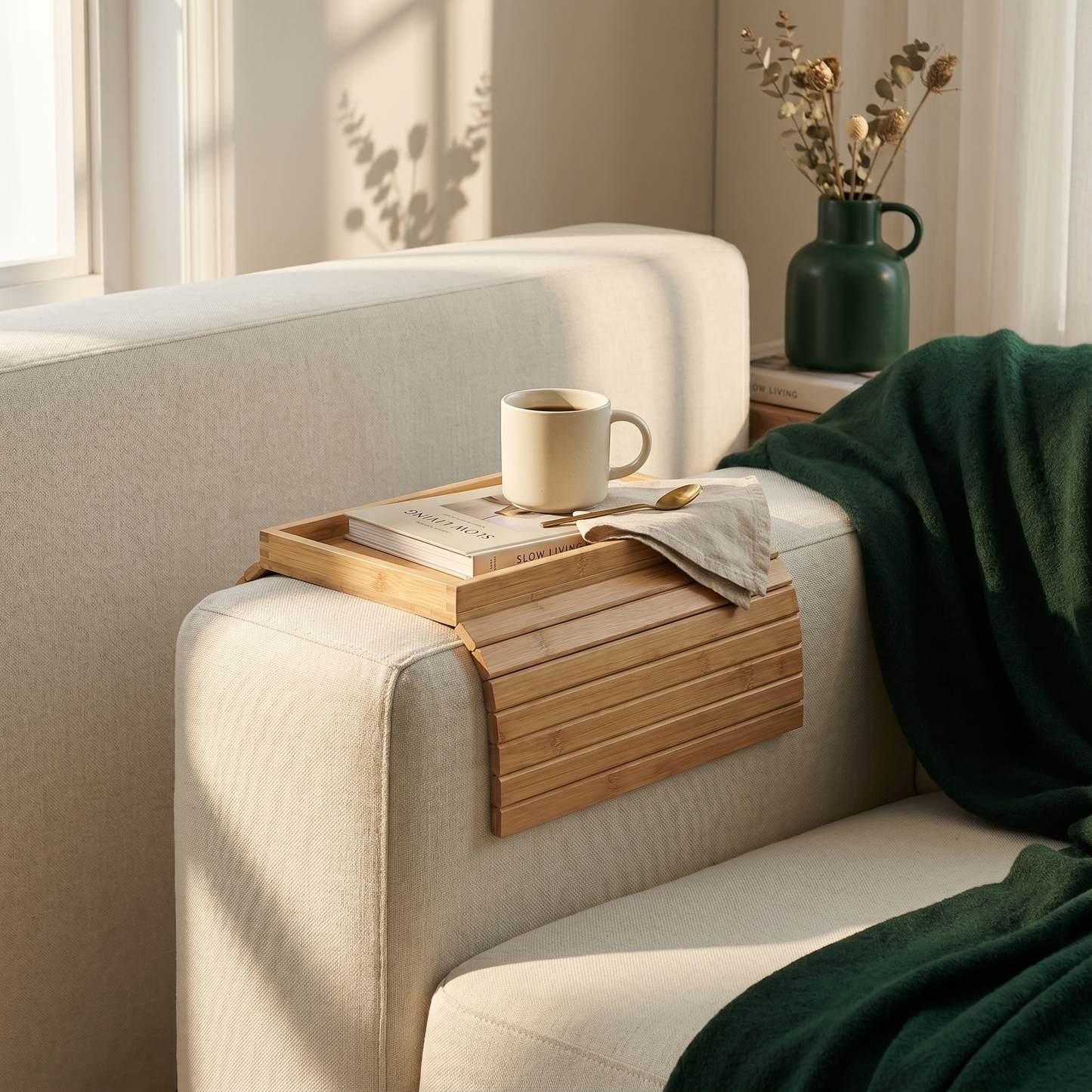 Foldable Wooden Sofa Arm Tray Table with Anti-Slip Grip