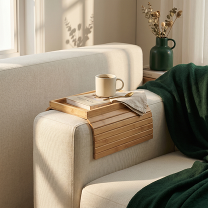 Foldable Wooden Sofa Arm Tray Table with Anti-Slip Grip