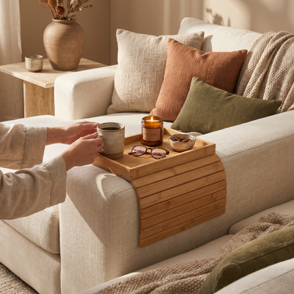 Foldable Wooden Sofa Arm Tray Table with Anti-Slip Grip