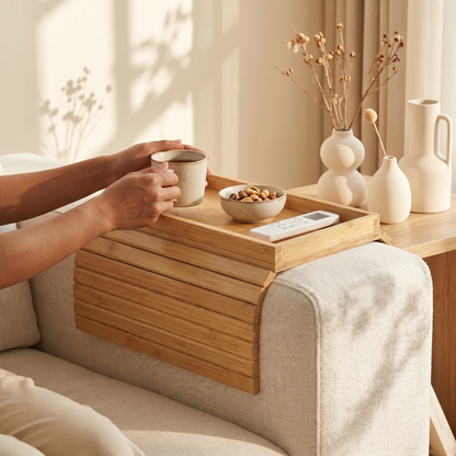 Foldable Wooden Sofa Arm Tray Table with Anti-Slip Grip