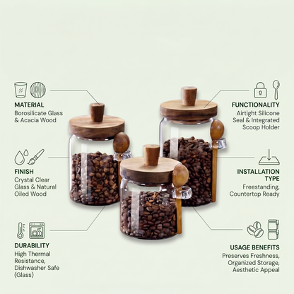 Airtight Glass Storage Jars with Wooden Lid & Spoon